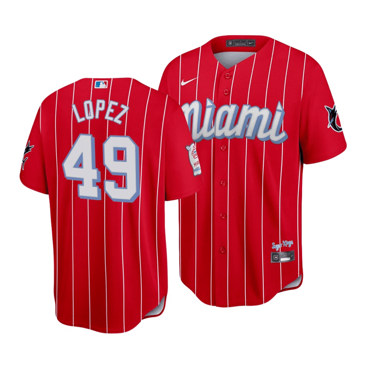 Men's Miami Marlins Pablo Lopez #49 Red MLB 2021 City Connect Replica Stitched Jersey